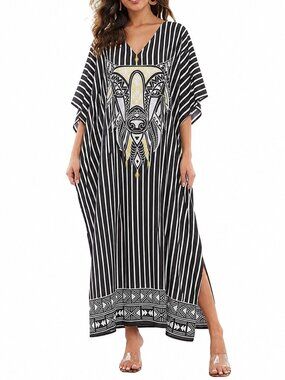 Gypsie Blu Stripe & Animal Printed Long Kaftan Beach Cover Up Dress for Women